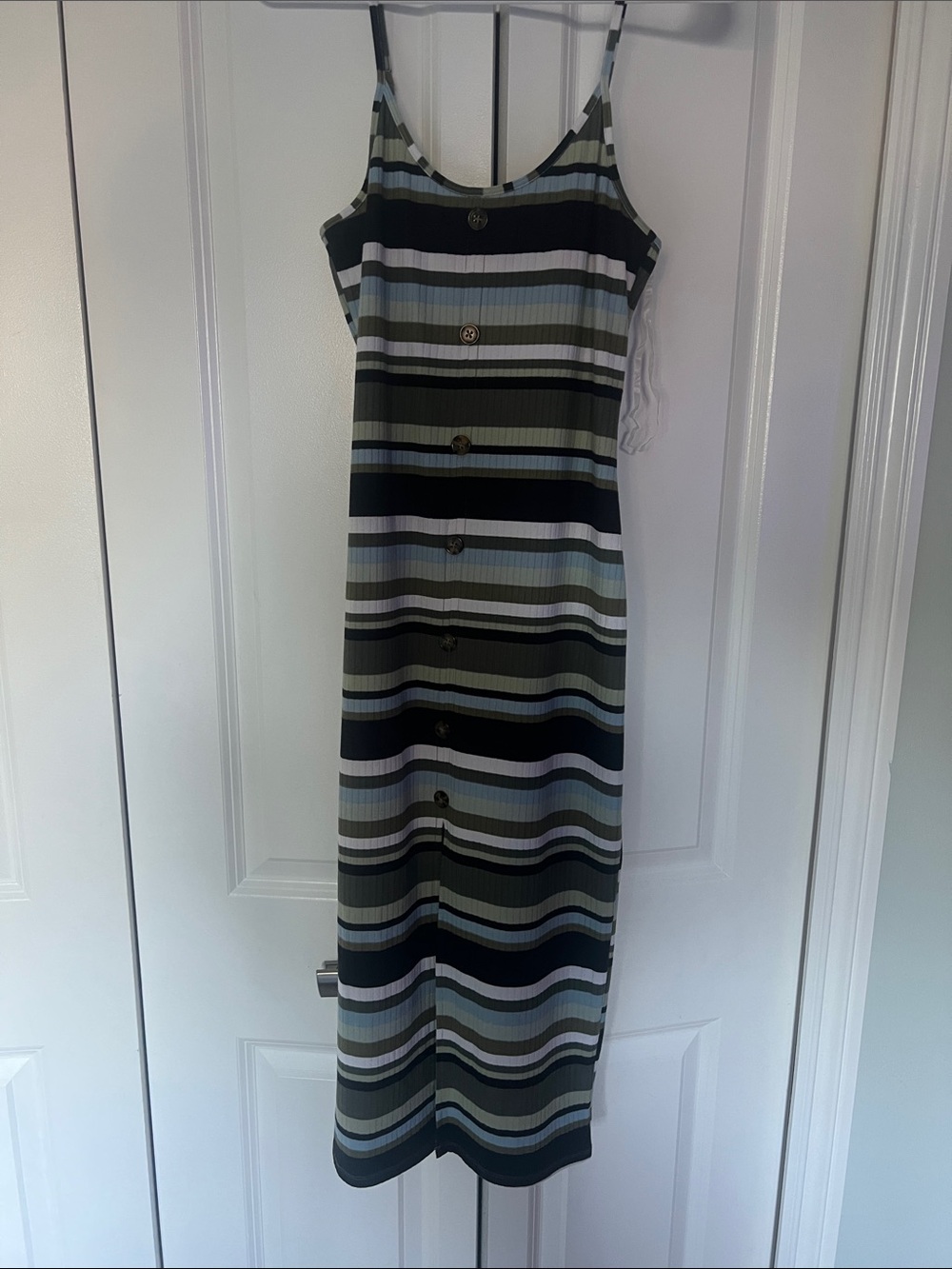 No Boundaries Striped Midi Slip Dress in Olive, Black and Blue